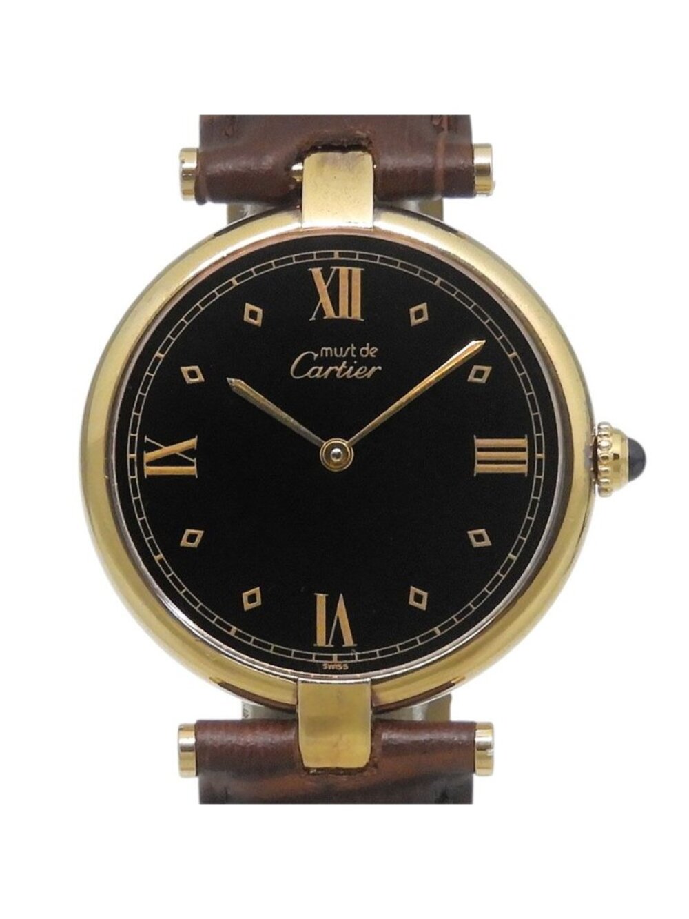 Cartier Must Vendome Vermeil Gold Plated Leather Quartz Analog Display Black